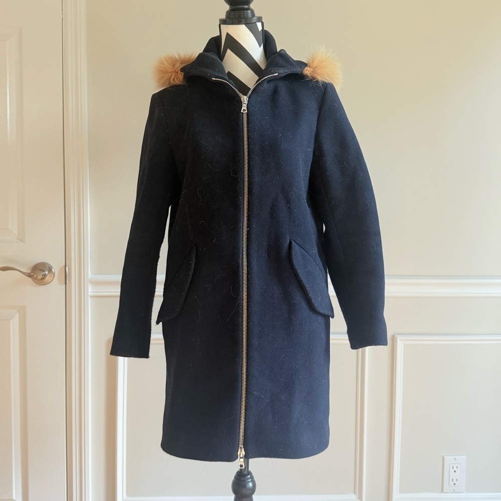 SANDRO‎ PARIS Wool and Fox Fur Hooded Coat Navy Blue Zip size FR 38 US 6